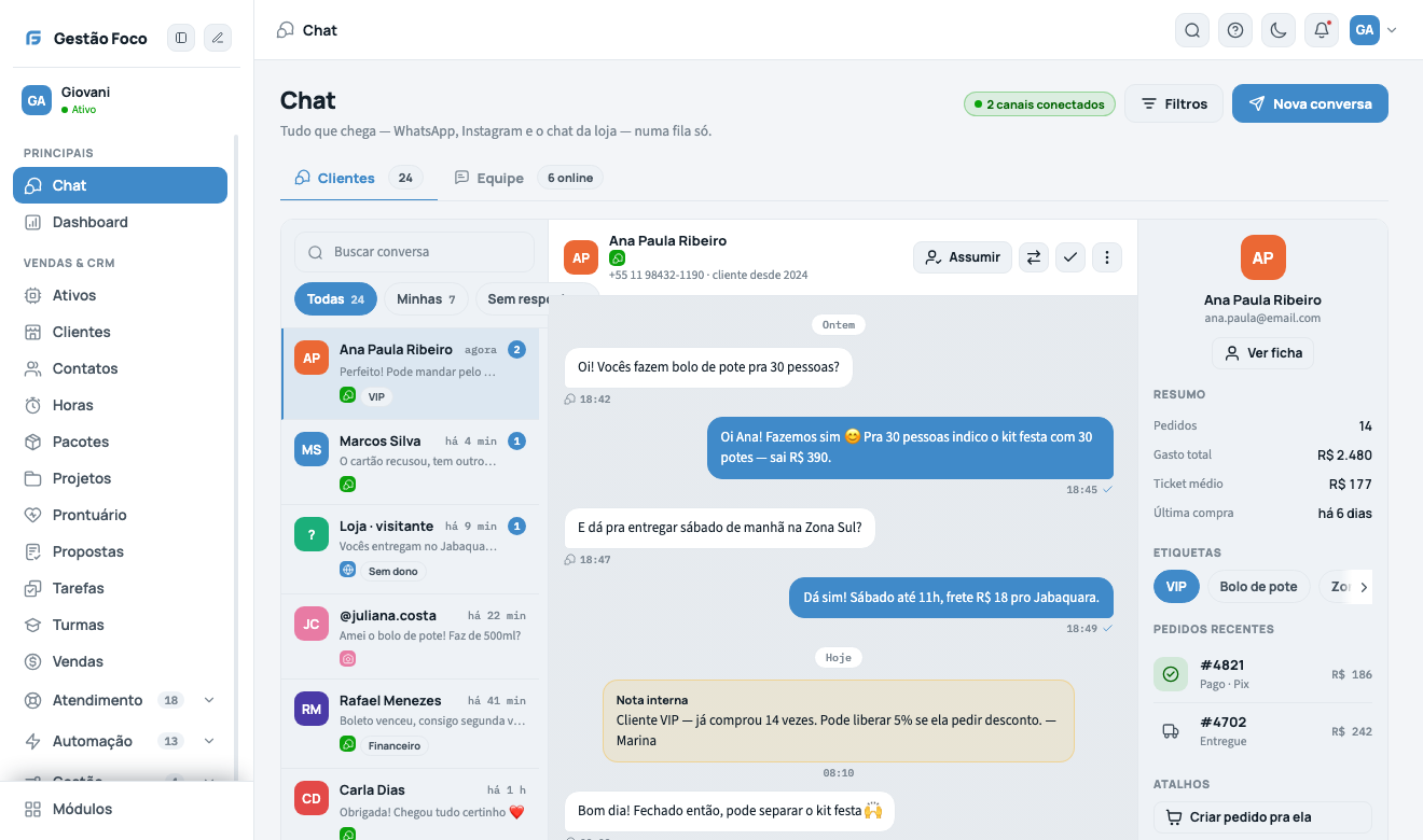 Tela de atendimento do Gestão Foco com conversas de WhatsApp e Instagram na mesma fila